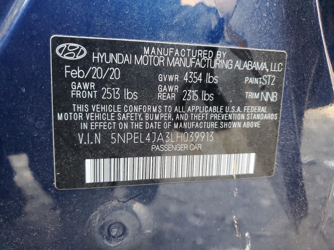2020 Hyundai Sonata VIN 5NPEL4JA3LH039913 Copart auction photo, all over / undercarriage damage thumbnail 14