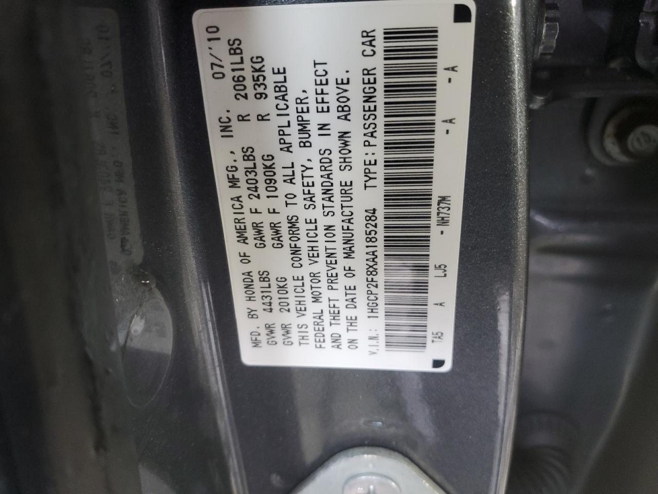 2010 Honda Accord VIN 1HGCP2F8XAA185284 Copart auction photo, front end / side damage thumbnail 12