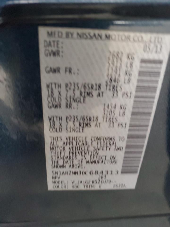 2013 Nissan Pathfinder VIN 5N1AR2MN3DC684313 Copart auction photo, side damage thumbnail 14