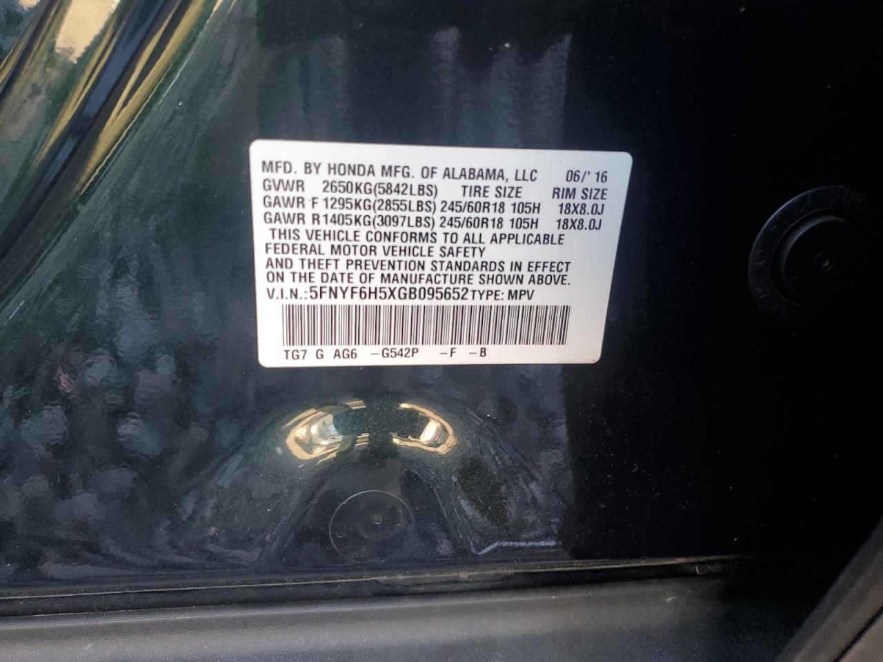 2016 Honda Pilot VIN 5FNYF6H5XGB095652 Copart auction photo, rear end / side damage thumbnail 13