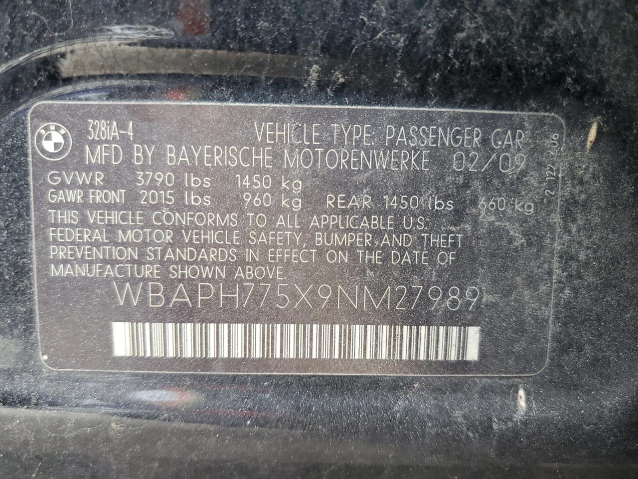 2009 BMW 3er VIN WBAPH775X9NM27989 Copart auction photo, minor dent/scratches damage thumbnail 12