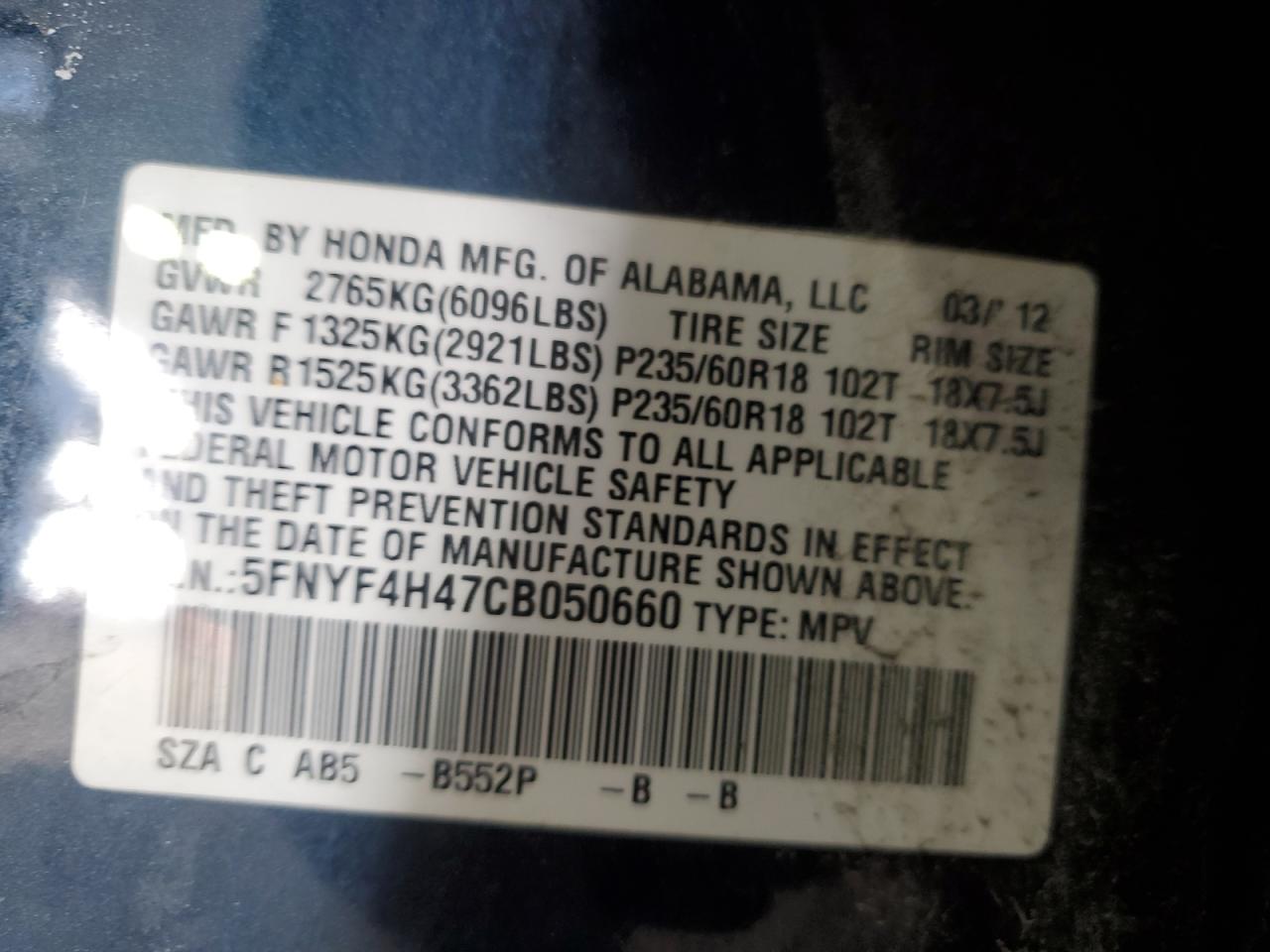 2012 Honda Pilot VIN 5FNYF4H47CB050660 Copart auction photo, front end damage thumbnail 13