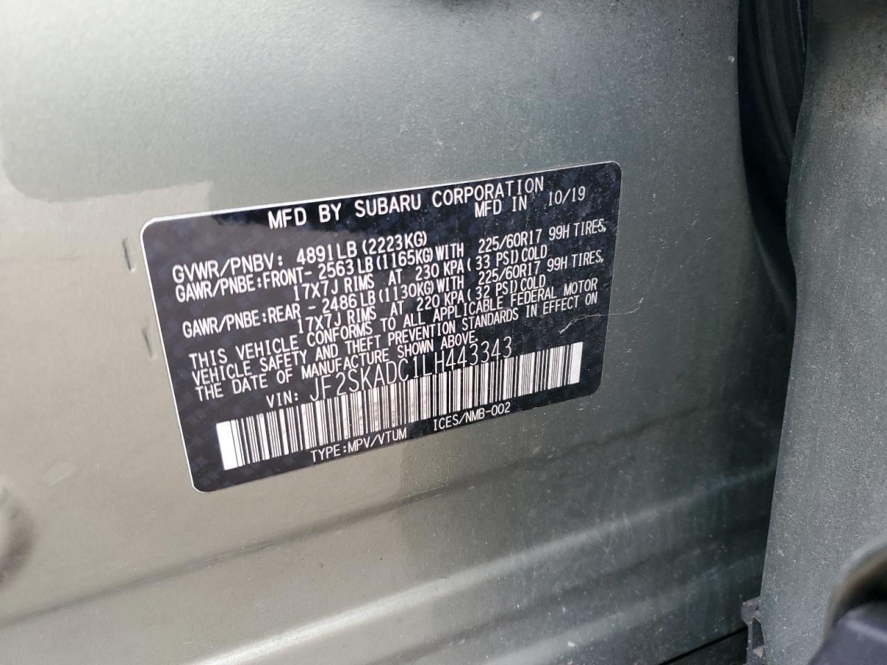 2020 Subaru Forester VIN JF2SKADC1LH443343 Copart auction photo, front end damage thumbnail 15