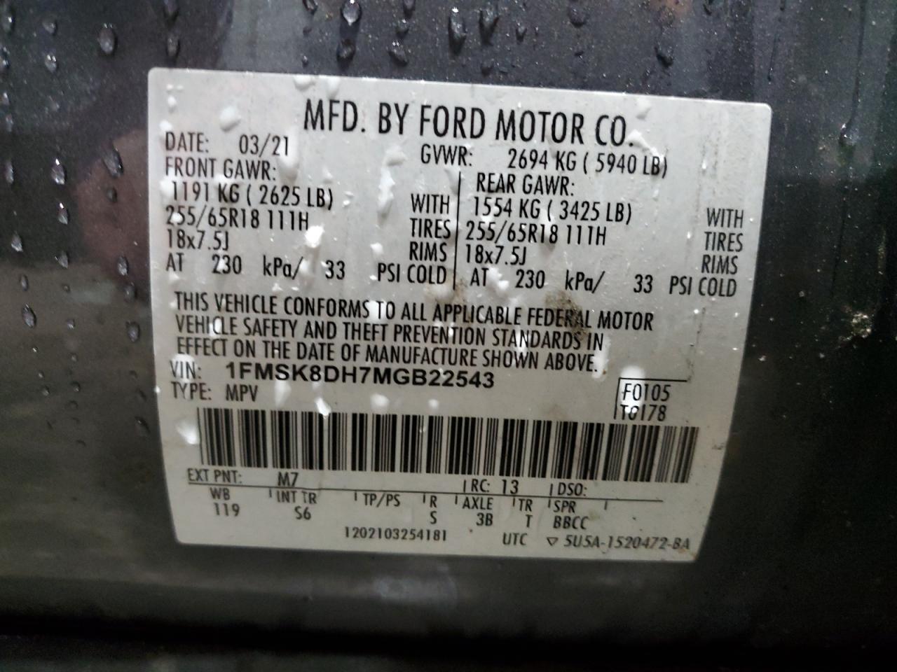 2021 Ford Explorer VIN 1FMSK8DH7MGB22543 Copart auction photo, side damage thumbnail 15