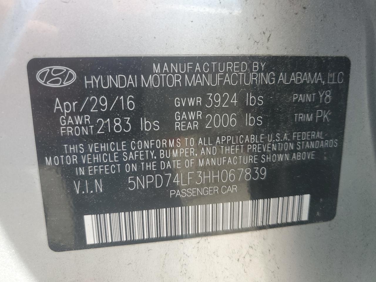 2017 Hyundai Elantra VIN 5NPD74LF3HH067839 Copart auction photo, rear end / side damage thumbnail 15