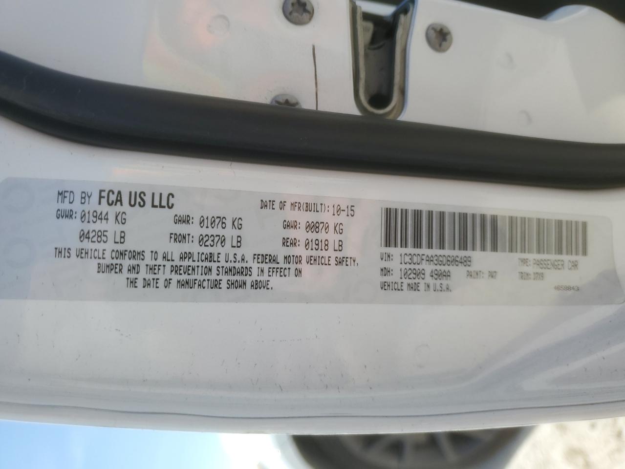 2016 Dodge Dart VIN 1C3CDFAA3GD606489 Copart auction photo, rear end / front end damage thumbnail 12