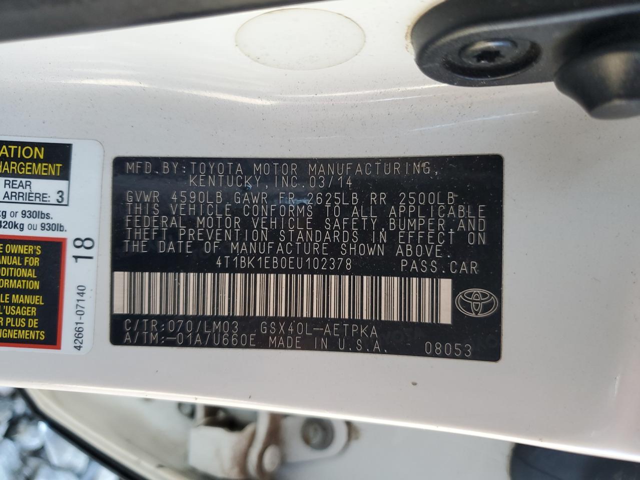 2014 Toyota Avalon VIN 4T1BK1EB0EU102378 Copart auction photo, front end / side damage thumbnail 14