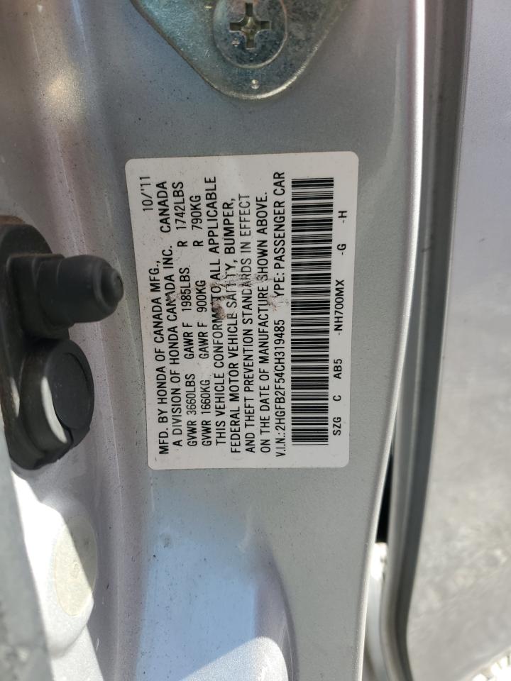2012 Honda Civic VIN 2HGFB2F54CH319485 Copart auction photo, rear end damage thumbnail 12