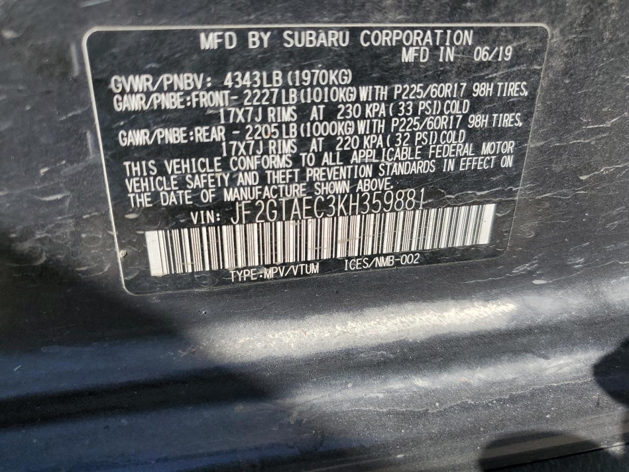 2019 Subaru XV VIN JF2GTAEC3KH359881 Copart auction photo, all over / undercarriage damage thumbnail 14