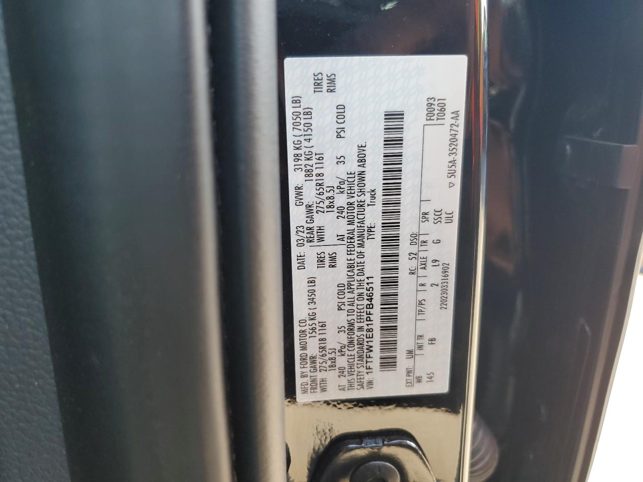 2023 Ford F-150 VIN 1FTFW1E81PFB46511 Copart auction photo, front end damage thumbnail 15