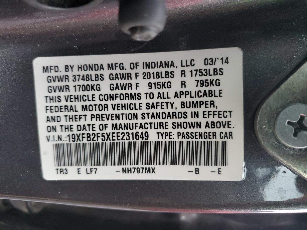 2014 Honda Civic VIN 19XFB2F5XEE231649 Copart auction photo, side / minor dent/scratches damage thumbnail 12