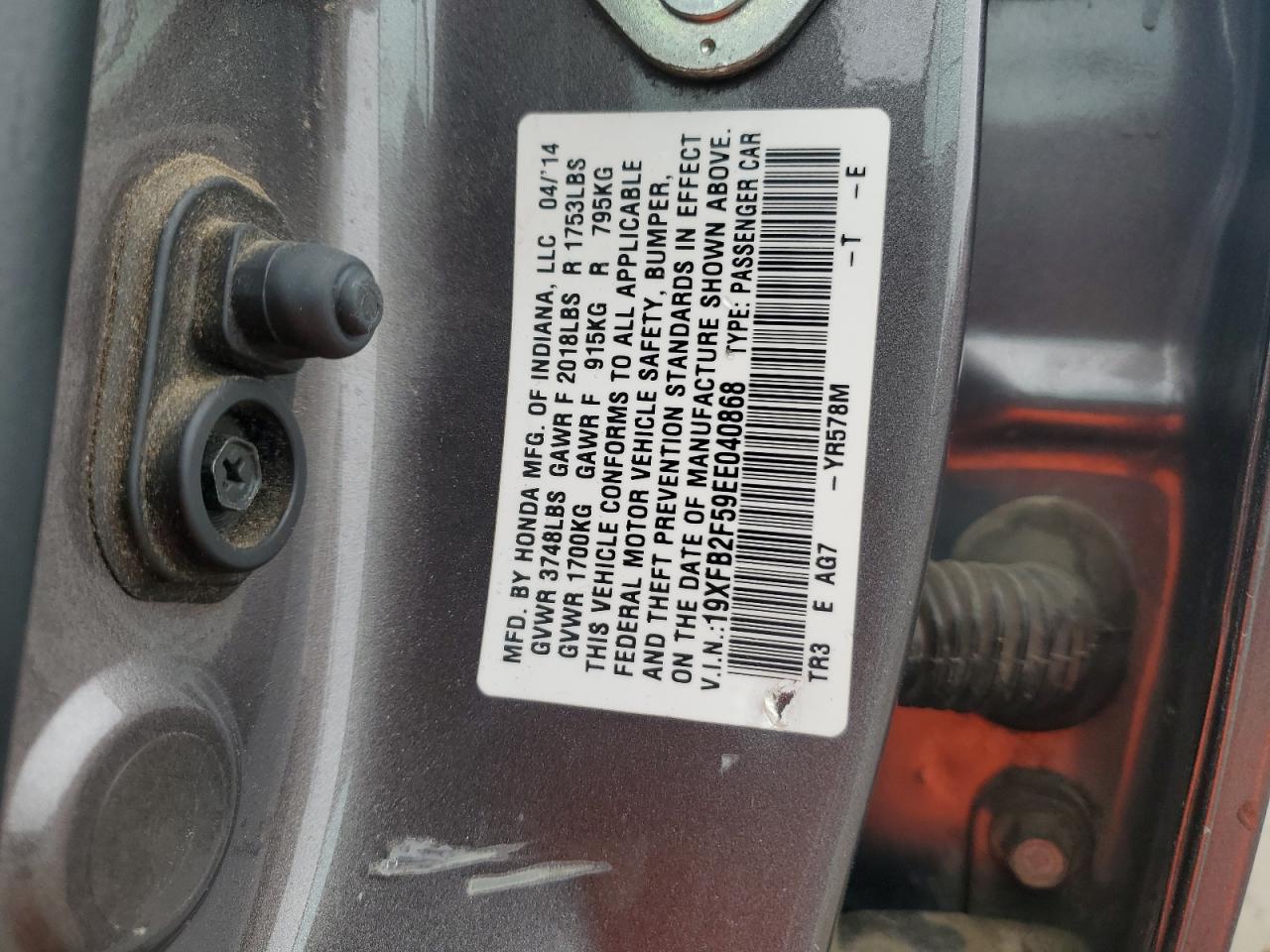2014 Honda Civic VIN 19XFB2F59EE040868 Copart auction photo, front end damage thumbnail 12