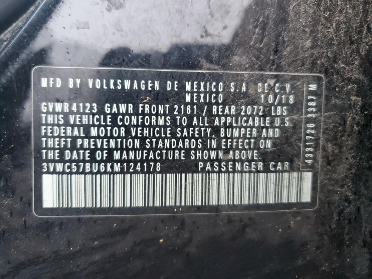 2019 Volkswagen Jetta VIN 3VWC57BU6KM124178 Copart auction photo, top/roof / front end damage thumbnail 12
