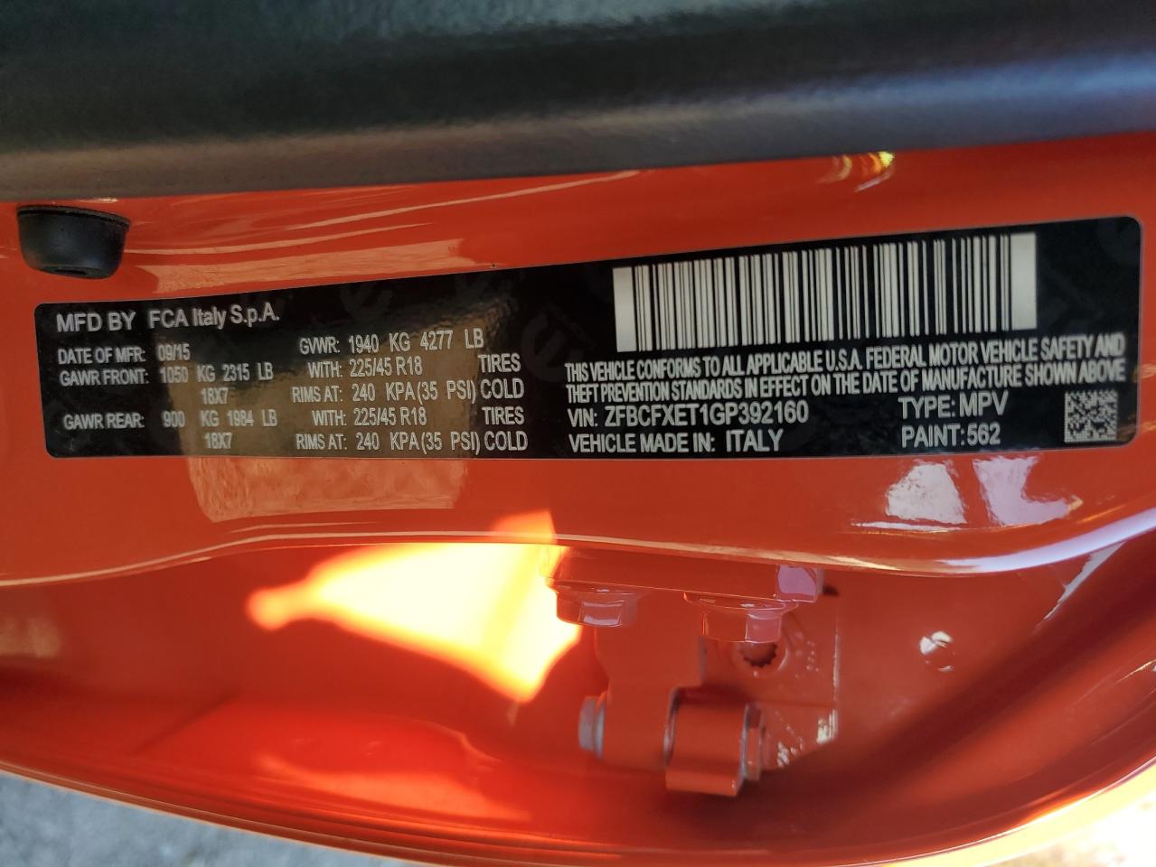 2016 Fiat 500 VIN ZFBCFXET1GP392160 Copart auction photo, minor dent/scratches / mechanical damage thumbnail 13