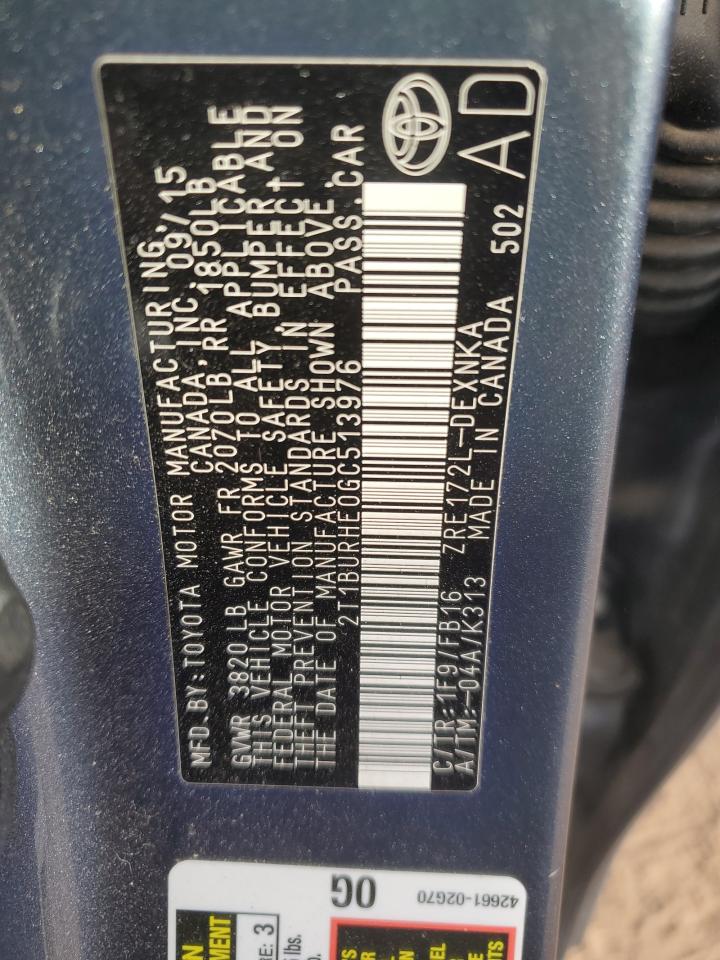 2016 Toyota Corolla VIN 2T1BURHE0GC513976 Copart auction photo, rear end damage thumbnail 13