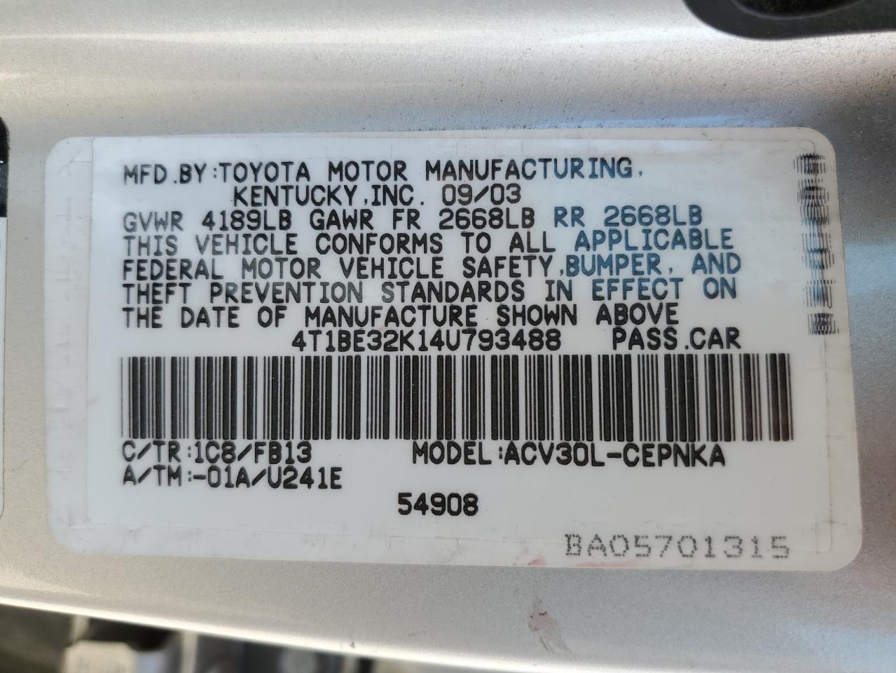 2004 Toyota Camry VIN 4T1BE32K14U793488 Copart auction photo, front end / minor dent/scratches damage thumbnail 14