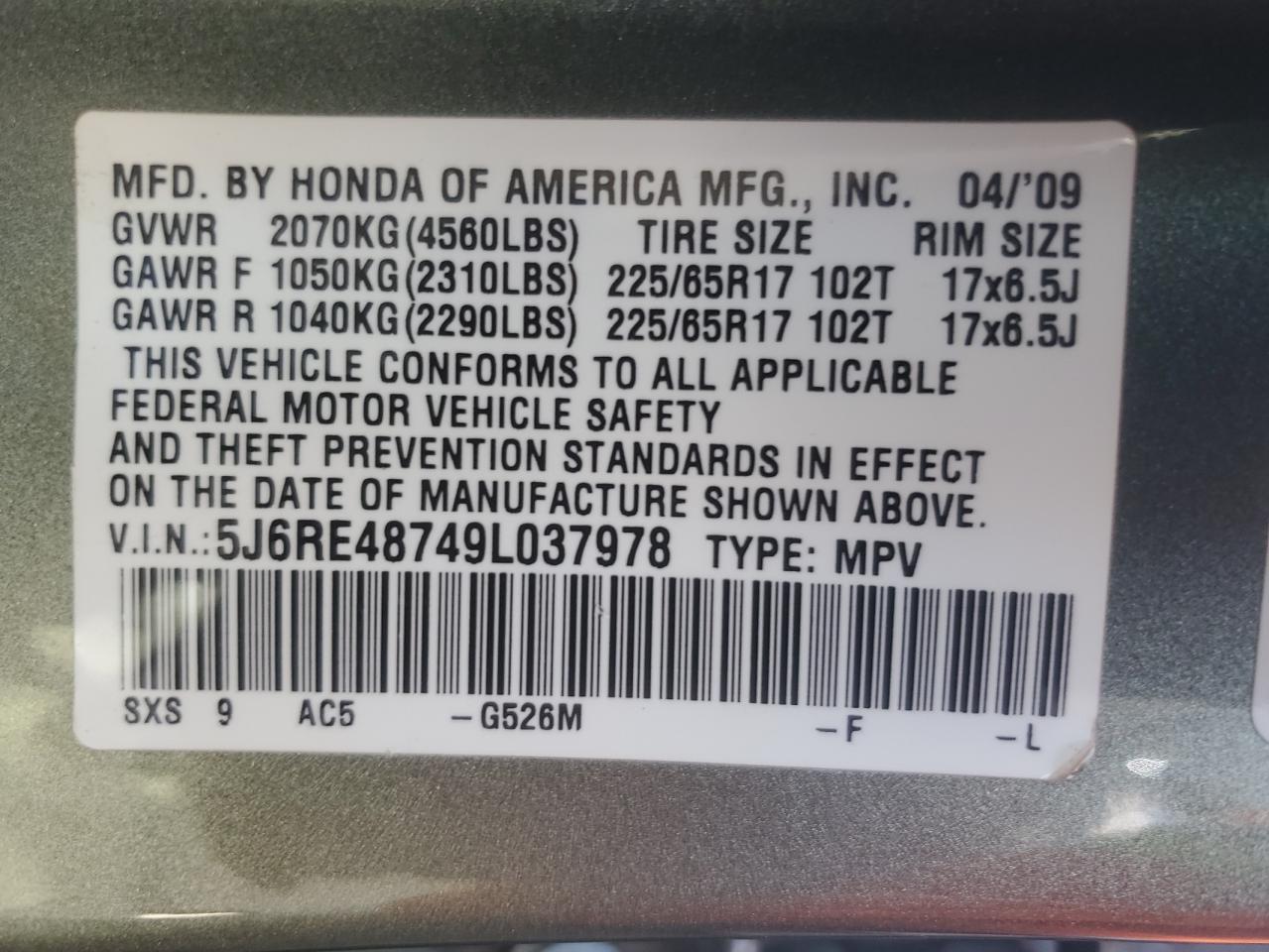2009 Honda CR-V VIN 5J6RE48749L037978 Copart auction photo, front end damage thumbnail 15