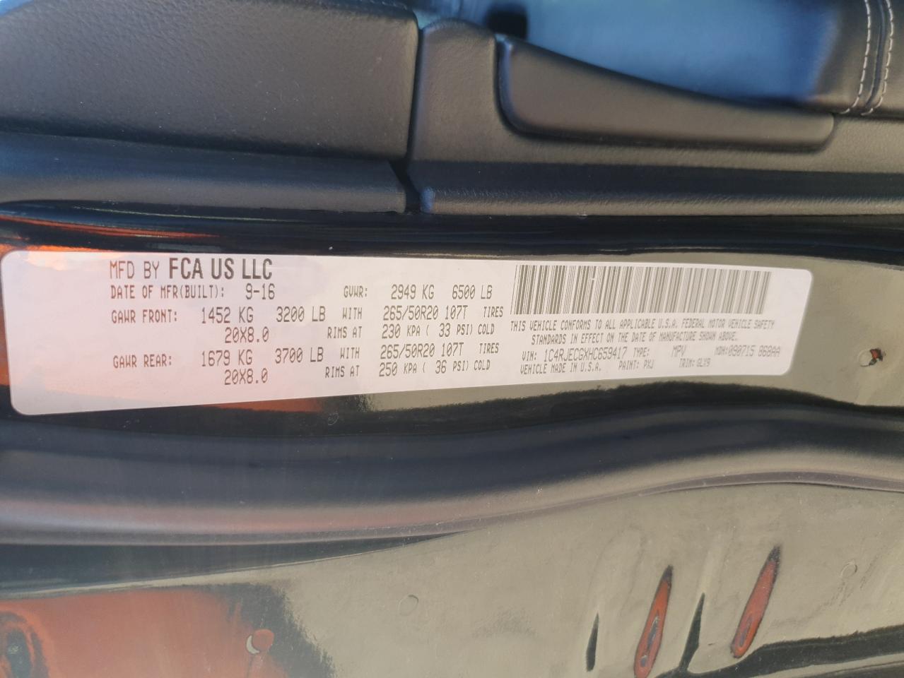 2017 Jeep Grand Cherokee VIN 1C4RJECGXHC659417 Copart auction photo, front end damage thumbnail 14