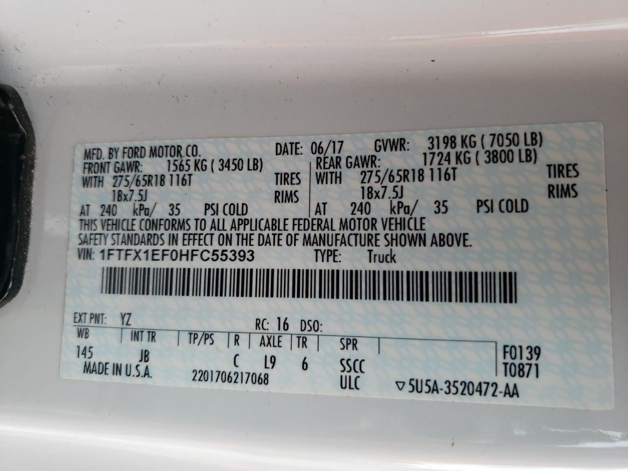 2017 Ford F-150 VIN 1FTFX1EF0HFC55393 Copart auction photo, all over damage thumbnail 12