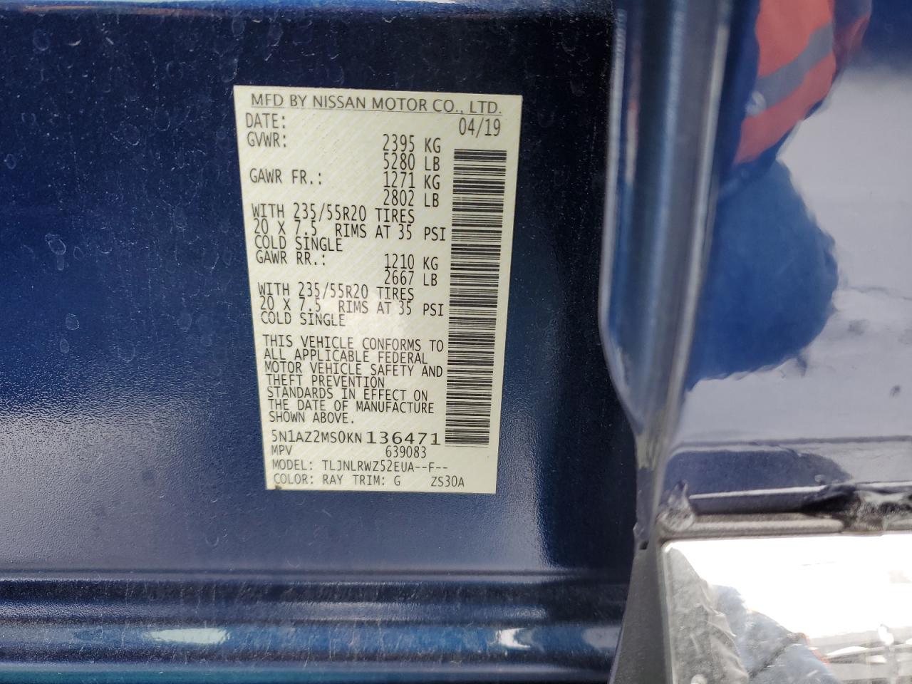 2019 Nissan Murano VIN 5N1AZ2MS0KN136471 Copart auction photo, front end damage thumbnail 12