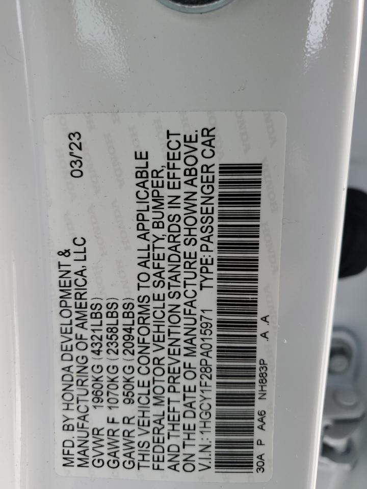 2023 Honda Accord VIN 1HGCY1F28PA015971 Copart auction photo, front end damage thumbnail 12