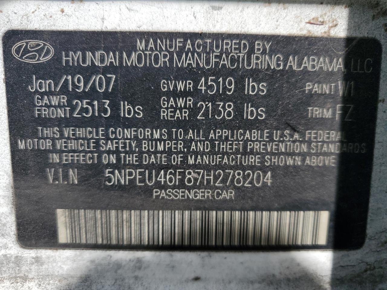 2007 Hyundai Sonata VIN 5NPEU46F87H278204 Copart auction photo, rear end damage thumbnail 12
