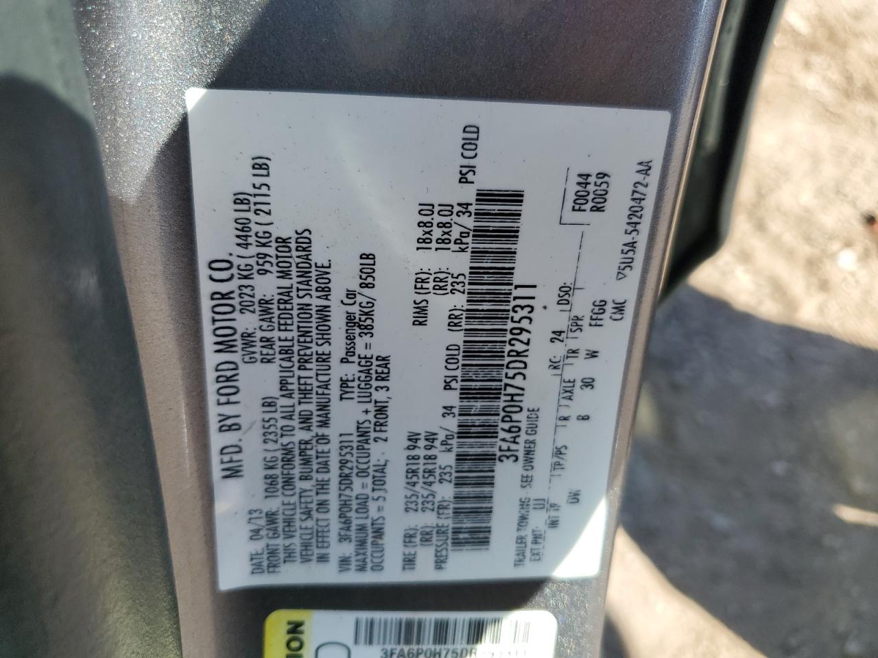2013 Ford Fusion VIN 3FA6P0H75DR295311 Copart auction photo, minor dent/scratches damage thumbnail 12