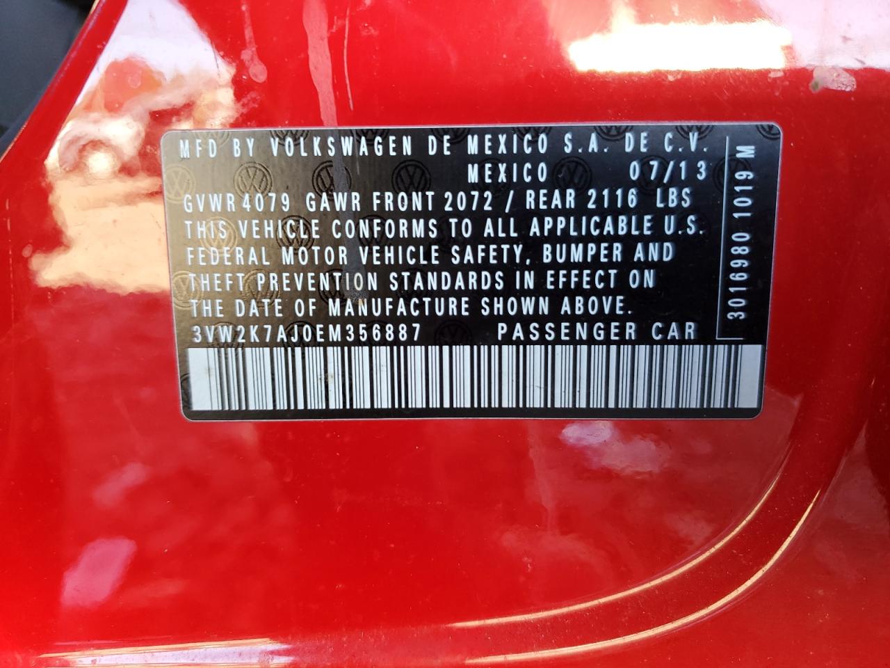 2014 Volkswagen Jetta VIN 3VW2K7AJ0EM356887 Copart auction photo, front end / side damage thumbnail 12
