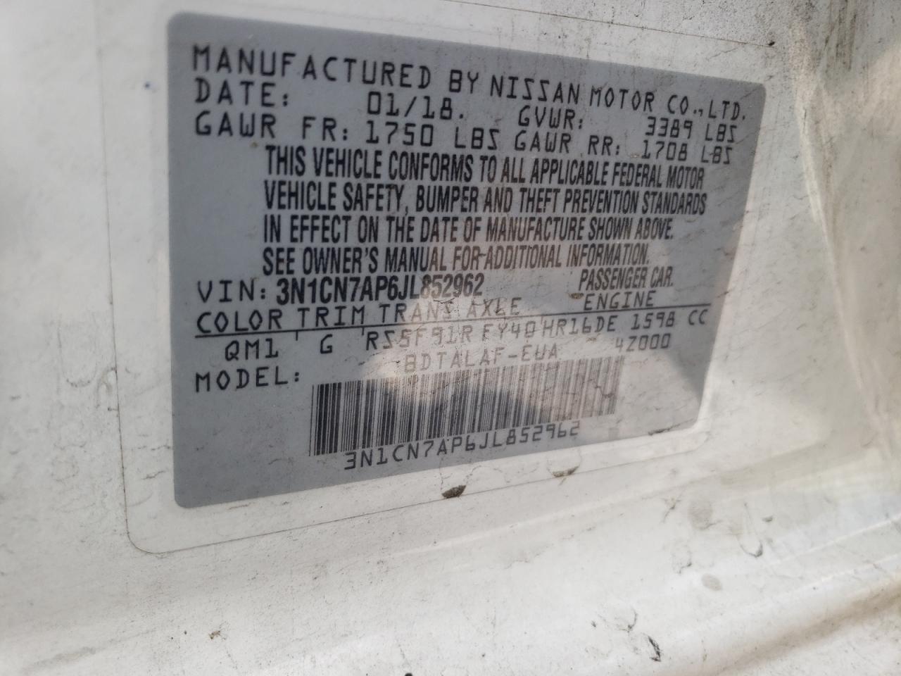 2018 Nissan Versa VIN 3N1CN7AP6JL852962 Copart auction photo, side / front end damage thumbnail 14