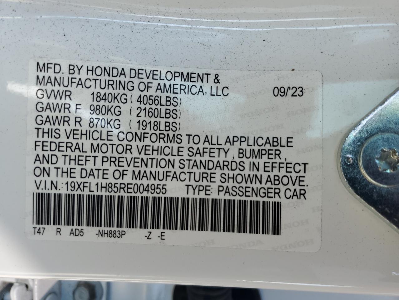 2024 Honda Civic VIN 19XFL1H85RE004955 Copart auction photo, front end / undercarriage damage thumbnail 15