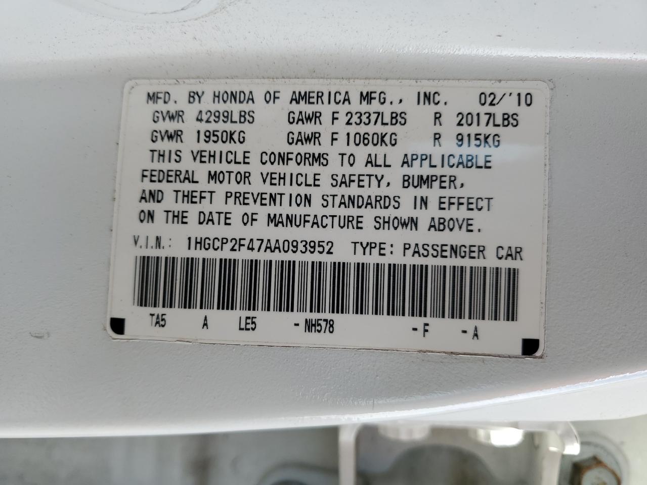 2010 Honda Accord VIN 1HGCP2F47AA093952 Copart auction photo, front end / minor dent/scratches damage thumbnail 12