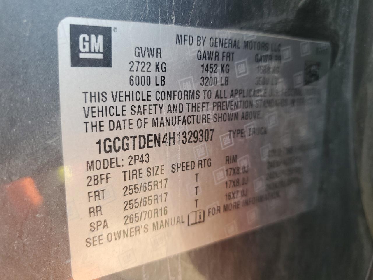 2017 Chevrolet Colorado VIN 1GCGTDEN4H1329307 Copart auction photo, front end damage thumbnail 14