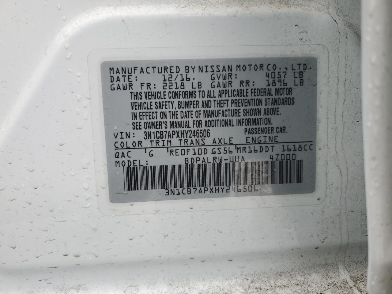 2017 Nissan Sentra VIN 3N1CB7APXHY246506 Copart auction photo, front end damage thumbnail 12