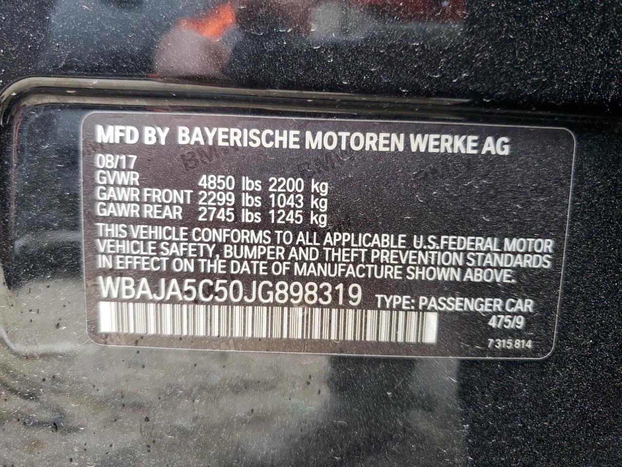 2018 BMW 5er VIN WBAJA5C50JG898319 Copart auction photo, front end / minor dent/scratches damage thumbnail 12