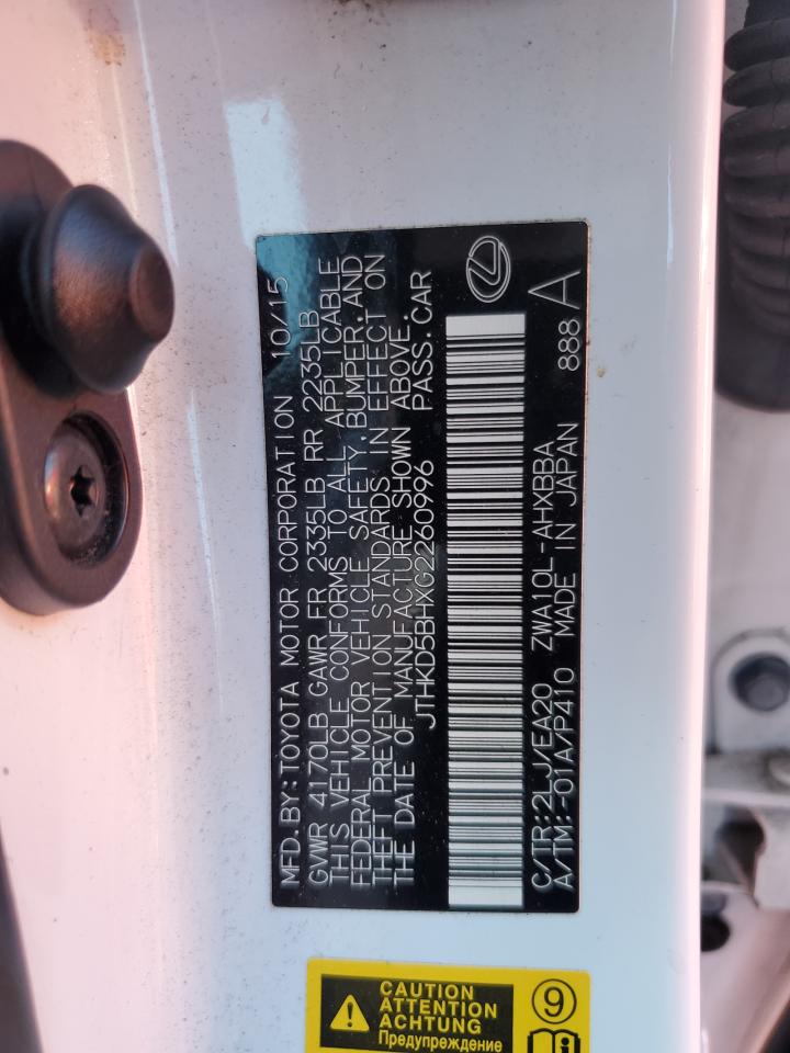 2016 Lexus CT VIN JTHKD5BHXG2260996 Copart auction photo, front end / rear end damage thumbnail 12