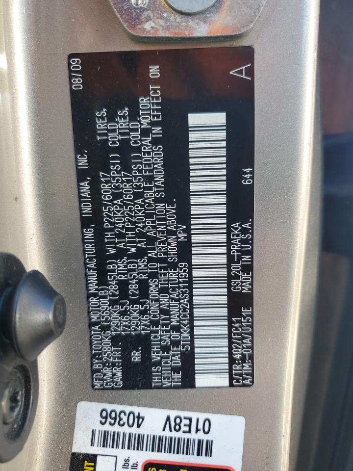 2010 Toyota Sienna VIN 5TDKK4CC2AS311959 Copart auction photo, side damage thumbnail 15