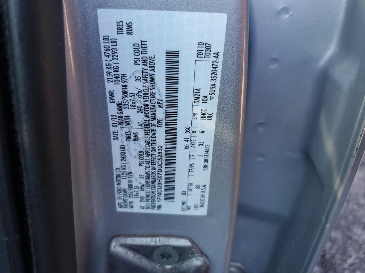 2013 Ford Escape VIN 1FMCU9HX7DUC52832 Copart auction photo, front end damage thumbnail 12