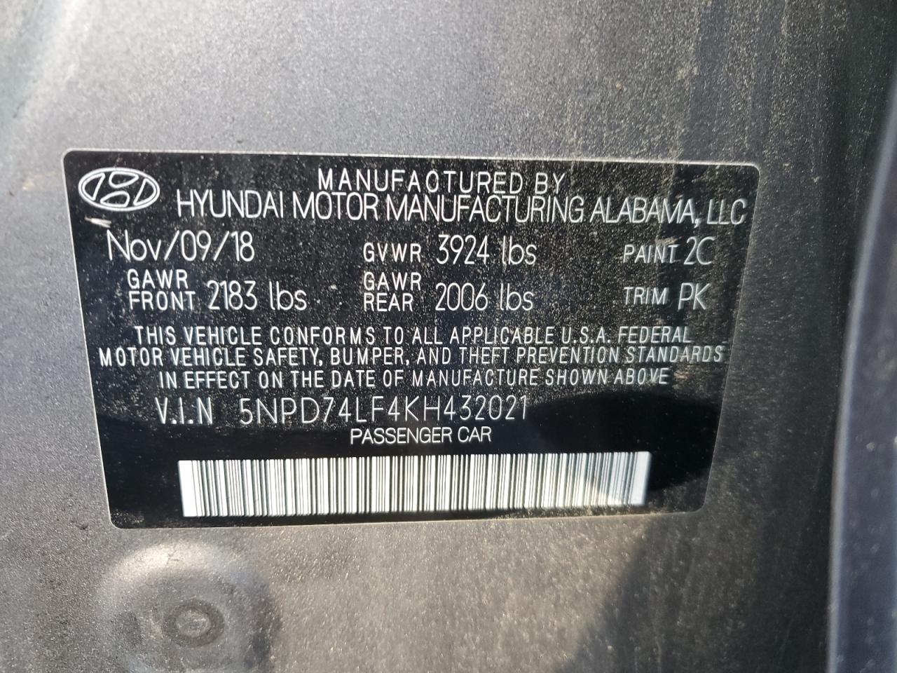 2019 Hyundai Elantra VIN 5NPD74LF4KH432021 Copart auction photo, front end damage thumbnail 12