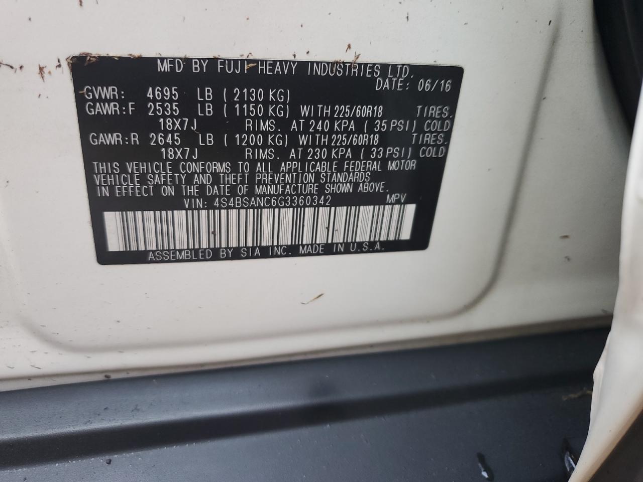 2016 Subaru Outback VIN 4S4BSANC6G3360342 Copart auction photo, water/flood damage thumbnail 13