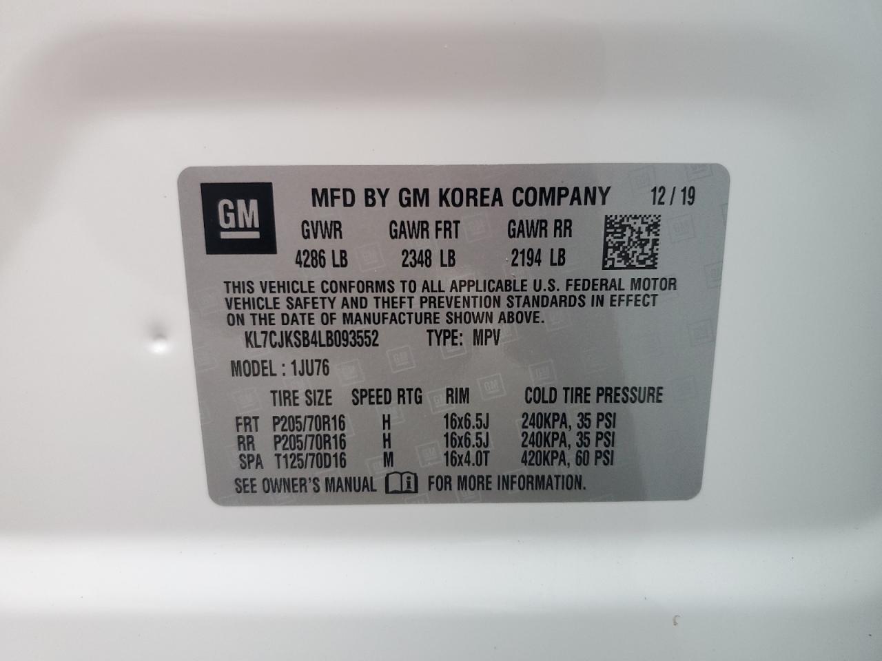 2020 Chevrolet Trax VIN KL7CJKSB4LB093552 Copart auction photo, front end damage thumbnail 15