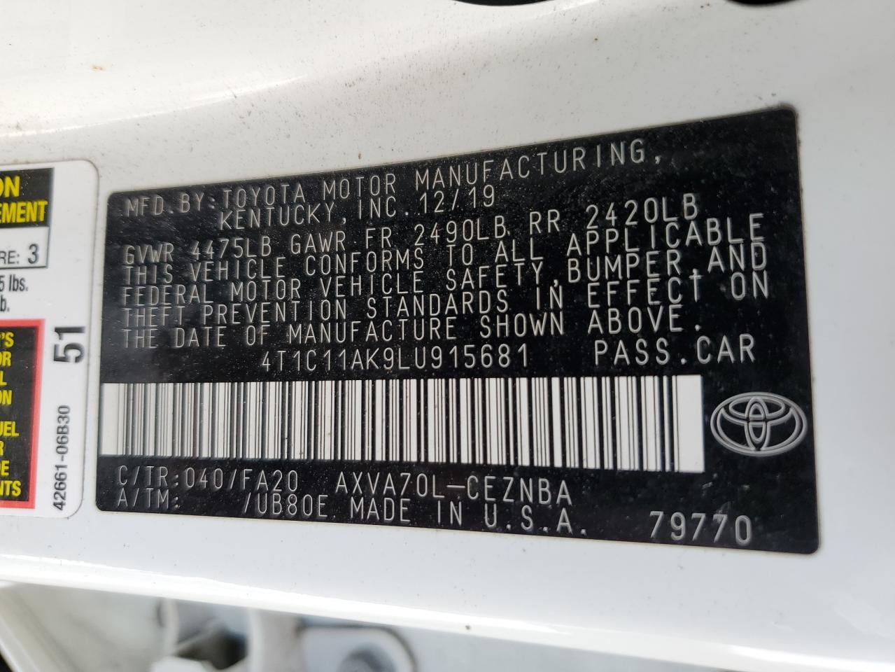 2020 Toyota Camry VIN 4T1C11AK9LU915681 Copart auction photo, water/flood damage thumbnail 13