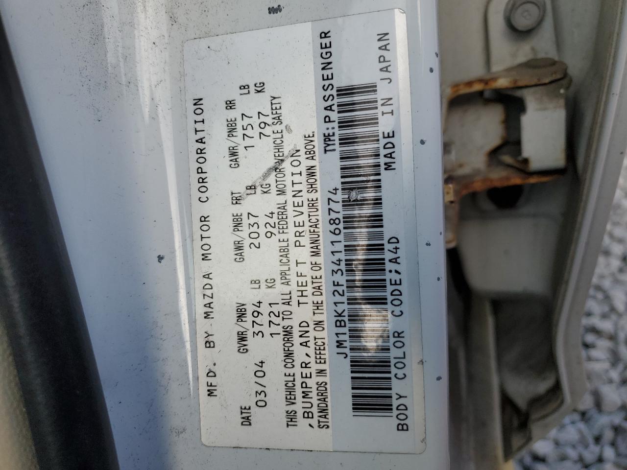 2004 Mazda 3 VIN JM1BK12F341168774 Copart auction photo, front end / side damage thumbnail 12
