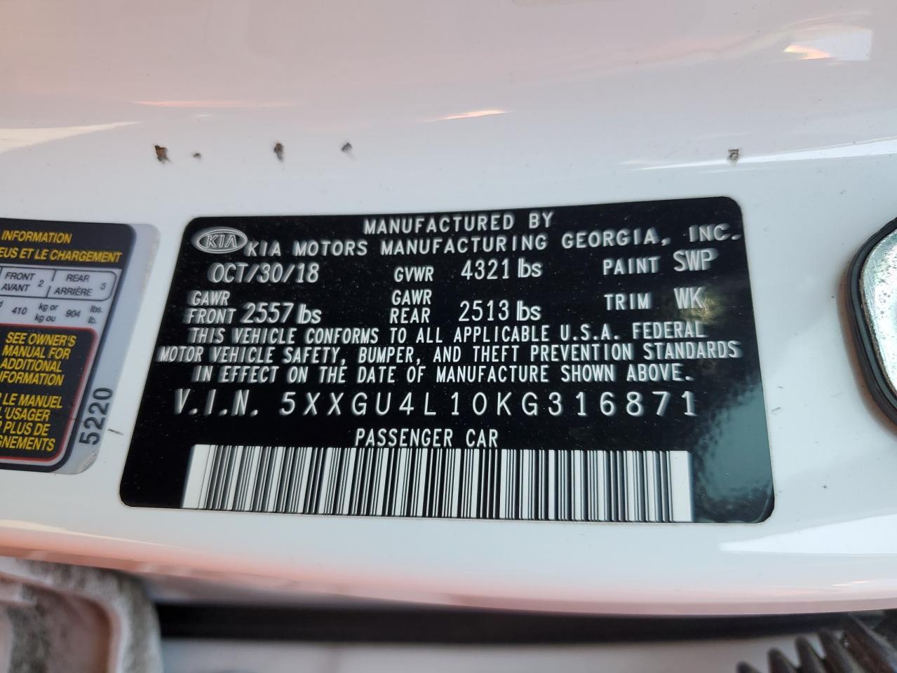 2019 KIA Optima VIN 5XXGU4L10KG316871 Copart auction photo, front end / side damage thumbnail 12