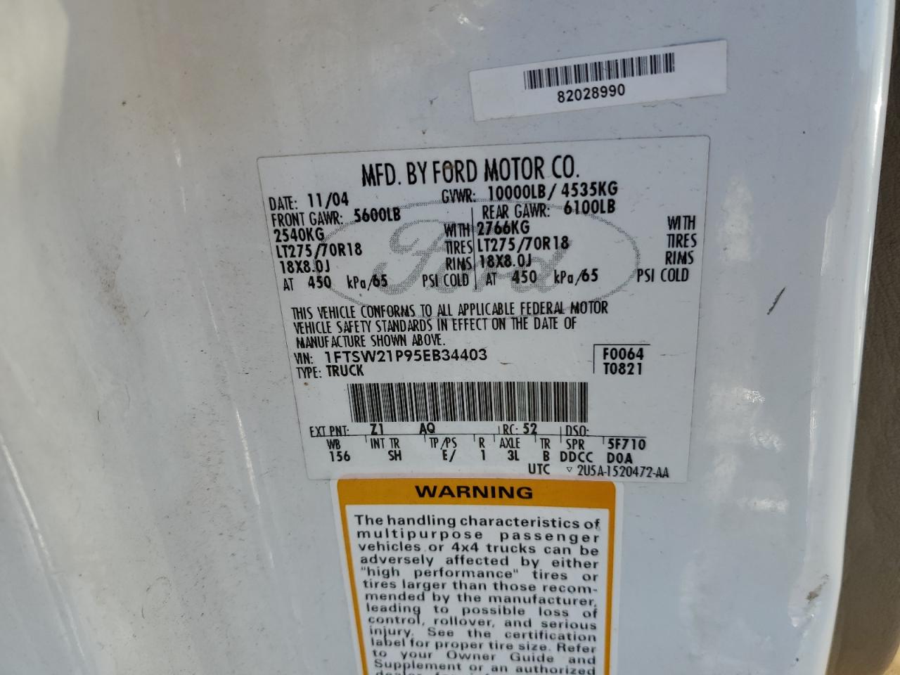 2005 Ford F250 VIN 1FTSW21P95EB34403 Copart auction photo, hail / burn - engine damage thumbnail 13