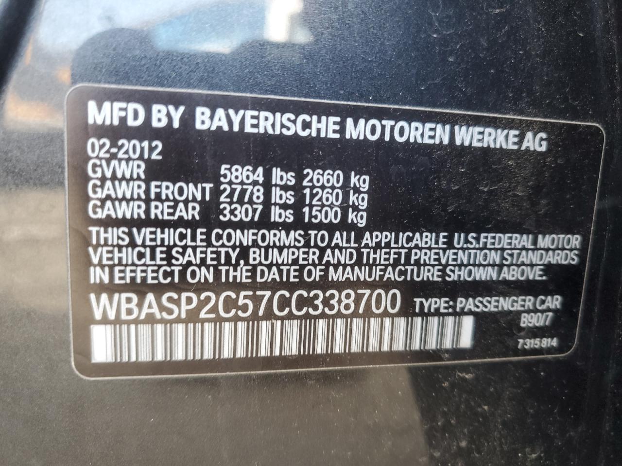 2012 BMW 5er VIN WBASP2C57CC338700 Copart auction photo, front end / rear end damage thumbnail 12