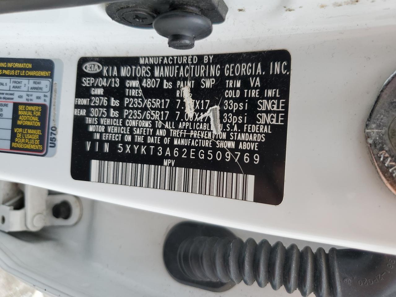 2014 KIA Sorento VIN 5XYKT3A62EG509769 Copart auction photo, front end / side damage thumbnail 13