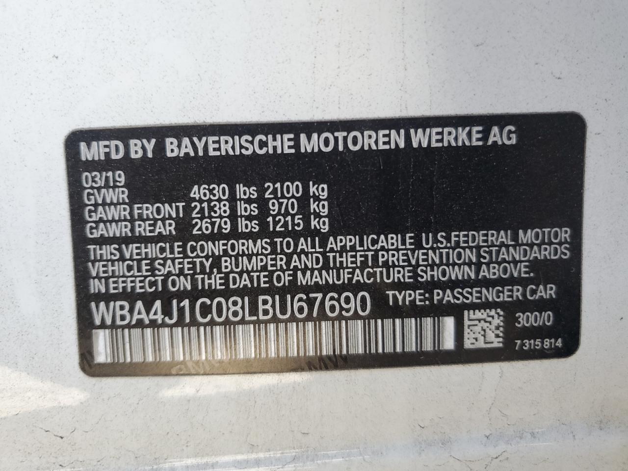 2020 BMW 4er VIN WBA4J1C08LBU67690 Copart auction photo, front end / minor dent/scratches damage thumbnail 14