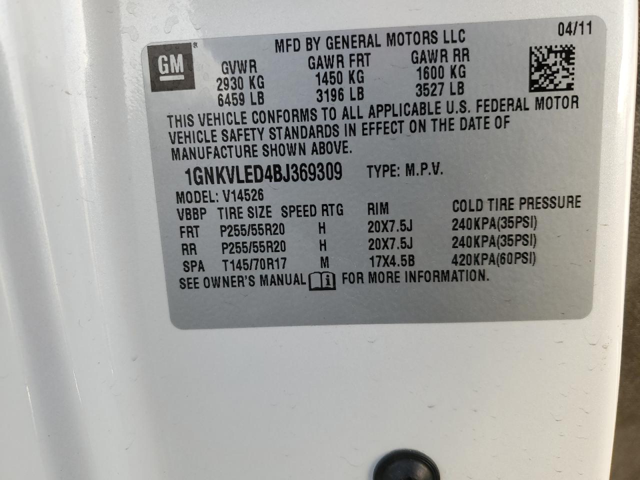 2011 Chevrolet Traverse VIN 1GNKVLED4BJ369309 Copart auction photo, front end damage thumbnail 13