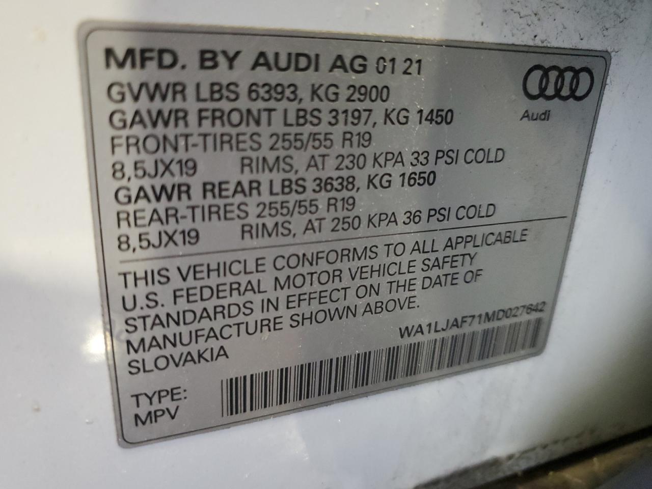 2021 Audi Q7 VIN WA1LJAF71MD027642 Copart auction photo, front end / rear end damage thumbnail 13