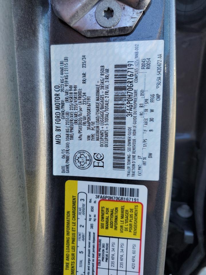 2016 Ford Fusion VIN 3FA6P0H70GR167191 Copart auction photo, rear end / front end damage thumbnail 12